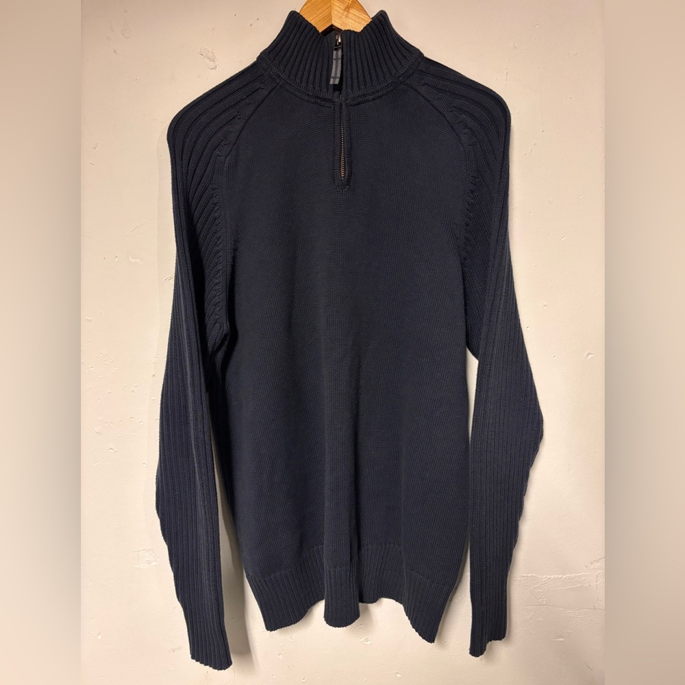 Y2K B.U.M. Equipment Men’s Navy Henley Style Quarter Zip Tall Knit Sweater Mediu